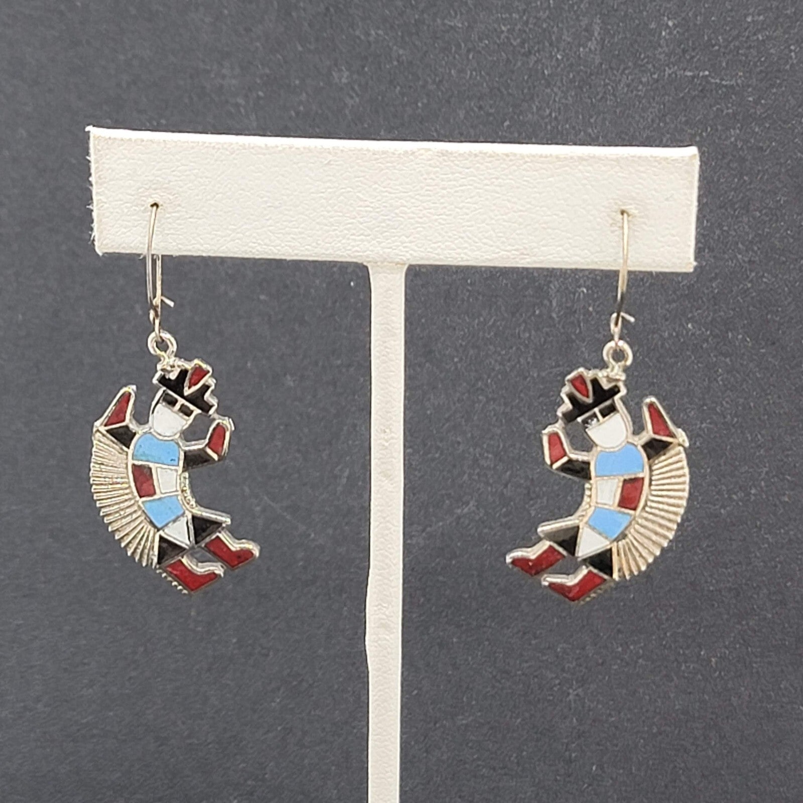Pierced Earrings  Silver tone Southwestern Dancing Kachina Enamel 1.25"