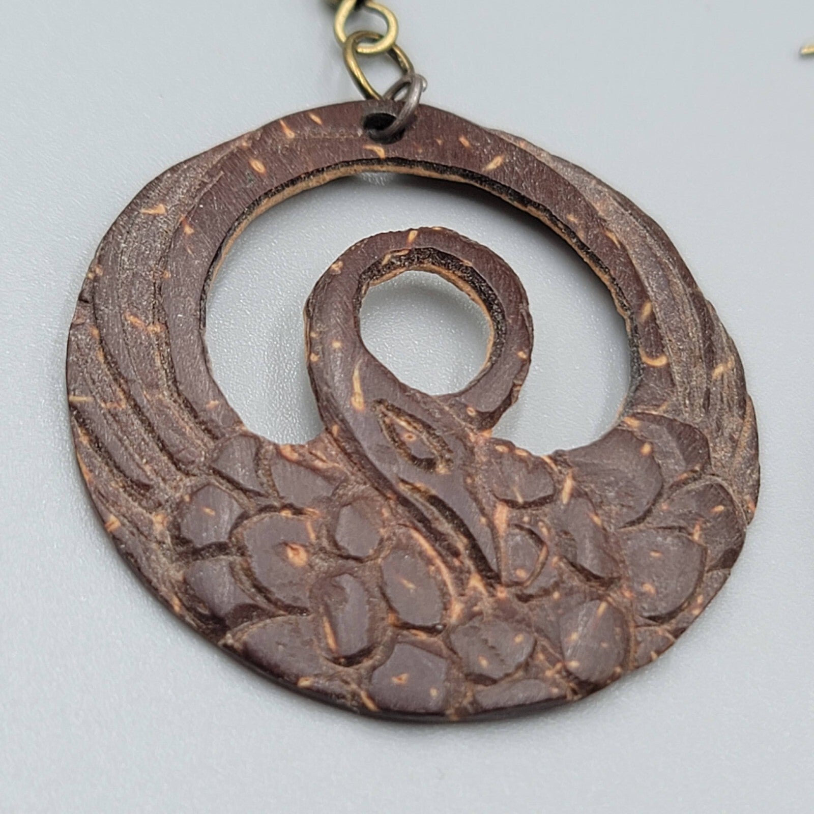 Vintage Coconut Pierced Earrings Hand Carved Bird Dangle 1.5"