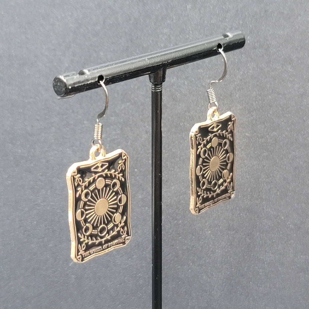 Tarot Card Pierced Earrings The Wheel of Fortune Gold tone Black 1"