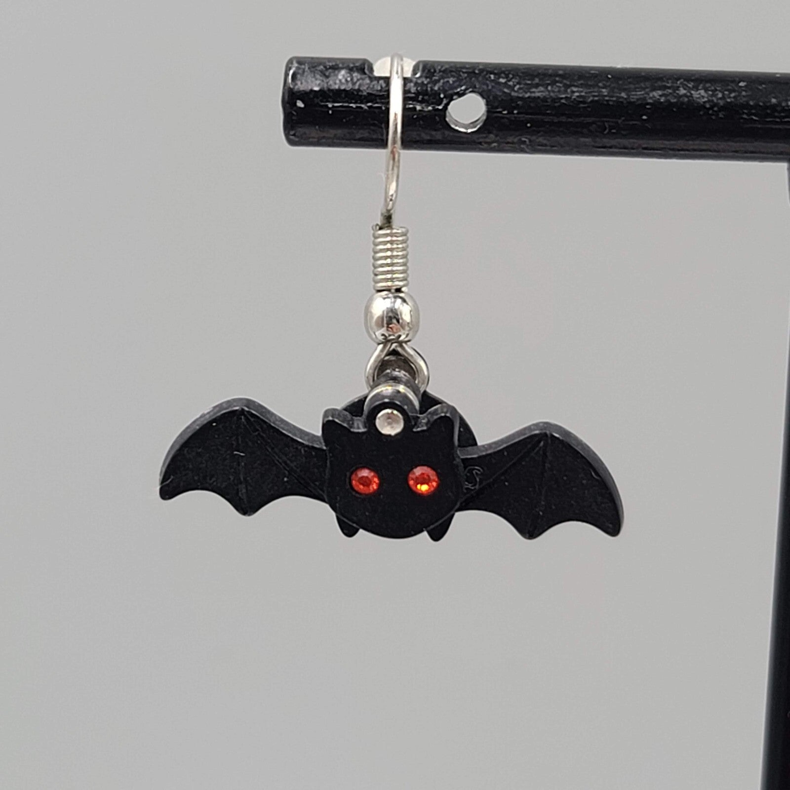 Bat Pierced Earrings Articulated Layered Dangle Red Rhinestone Eyes 1" x 1/2"