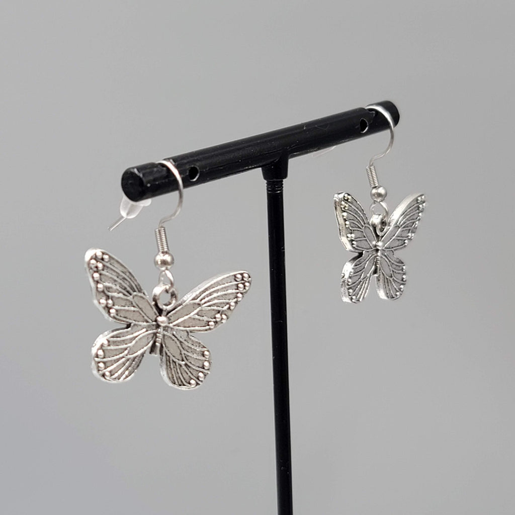 Butterfly Pierced Earrings Silver tone Embossed Dangle 3/4"