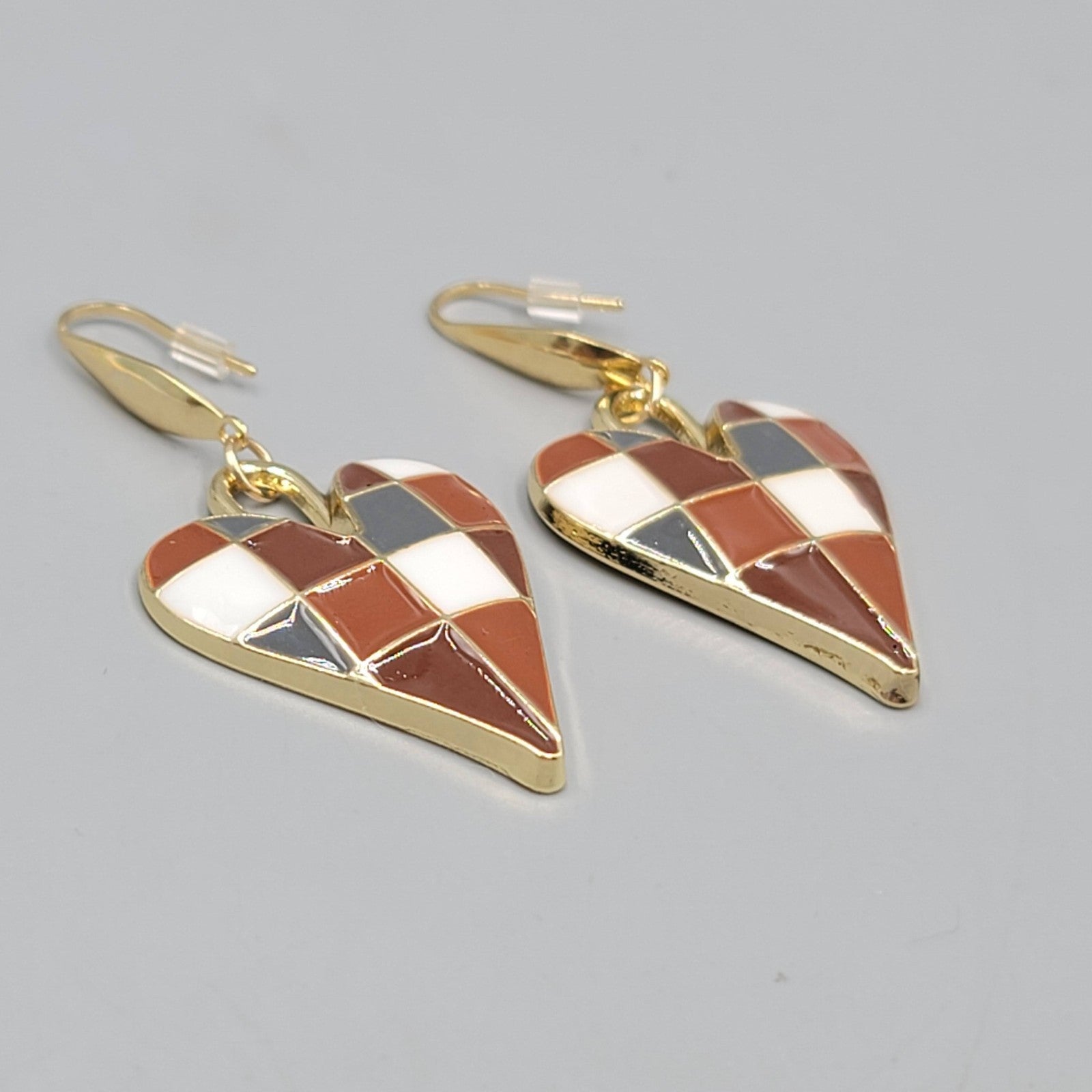 Brown Enamel Checkered Heart Pierced Earrings Gold tone Dangle Large 1.5"