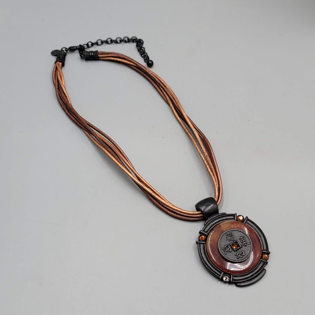 Chicos Medallion Necklace Brown Cord Asian Round Pendant 16"-18"