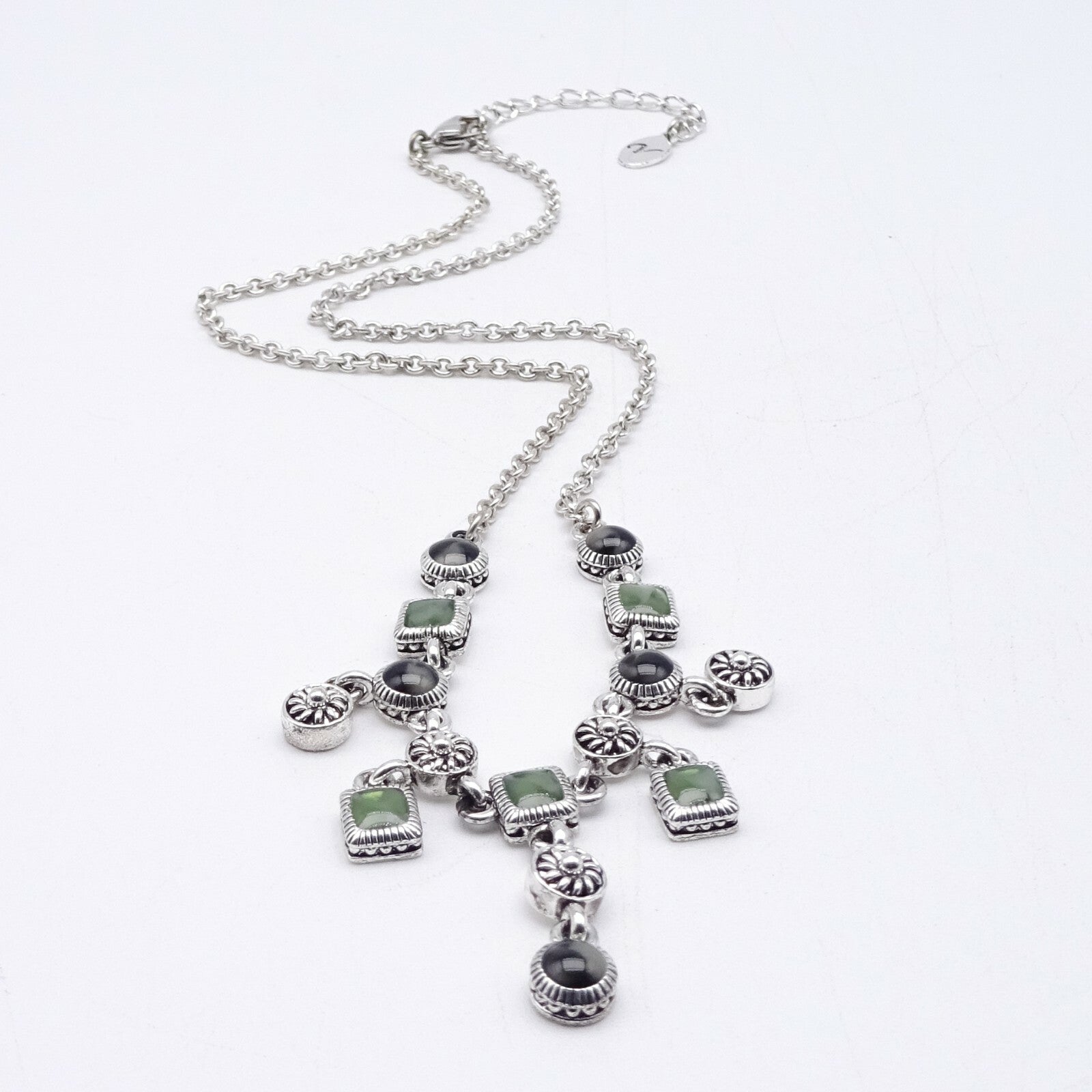 Signed Silver tone Chain Green Enamel Dangle Waterfall Accents 16" - 17.5"