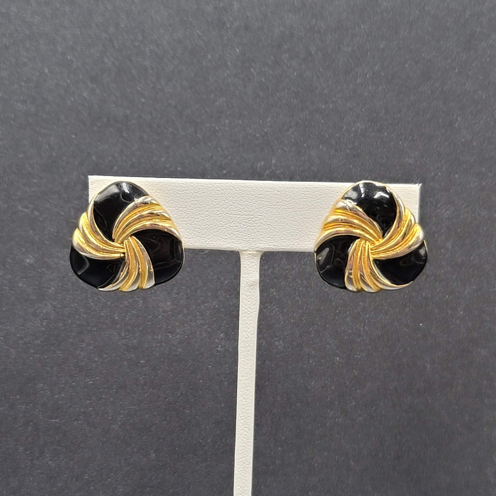 Vintage Napier Clip on Earrings Gold tone Black Enamel Screw Back 7/8"