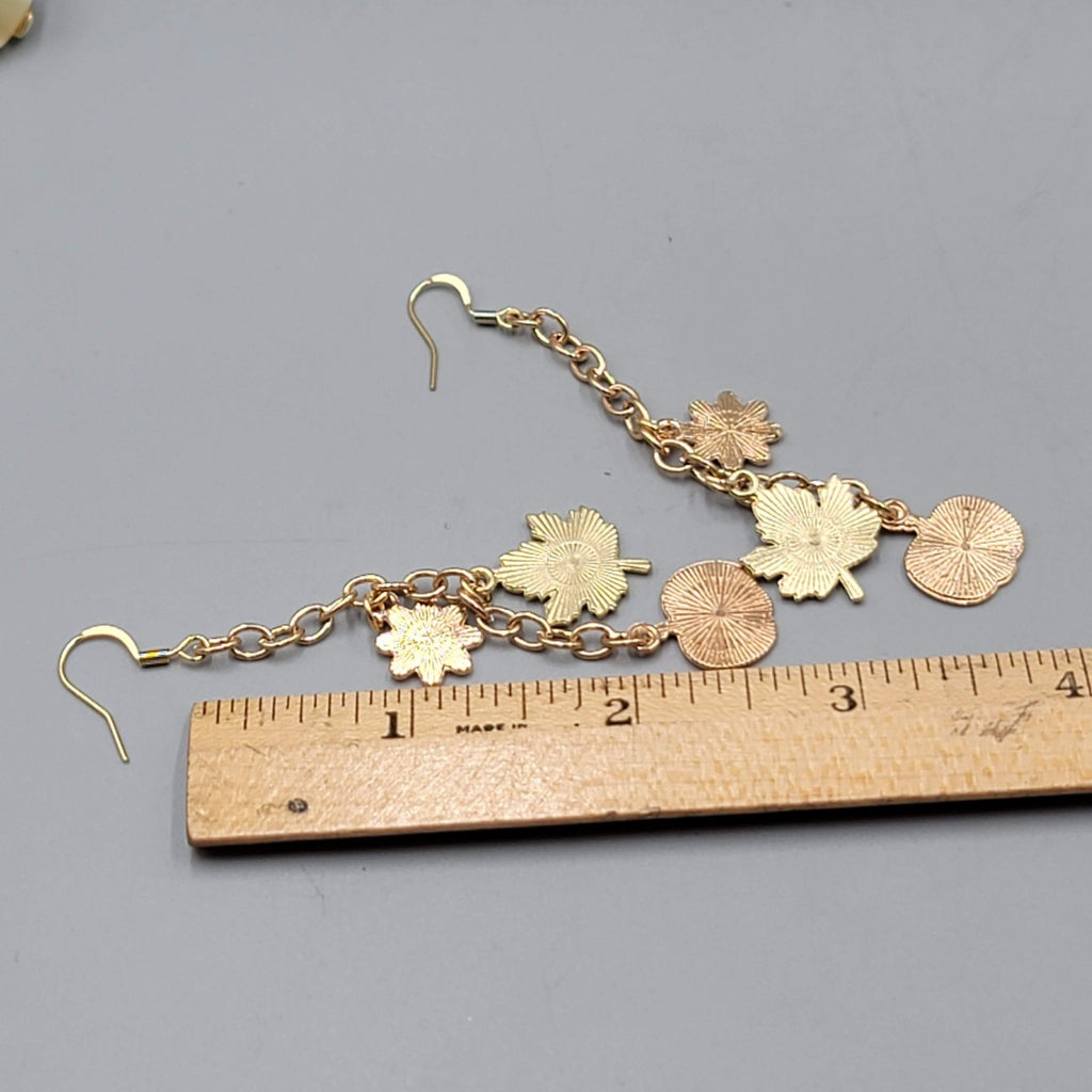 Autumn Fall Theme Pierced Earrings Flower Pumpkin Leaf Gold tone Dangle 2.75 in