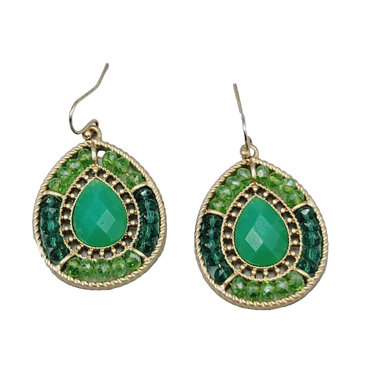 Green Bead Teardrop Pierced Earrings Gold tone Dangle 1.25 in