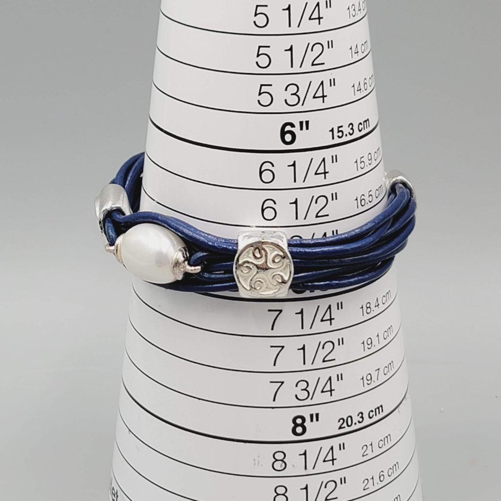 Navy Blue Cord Bracelet Imitation Pearl Silver tone 7"