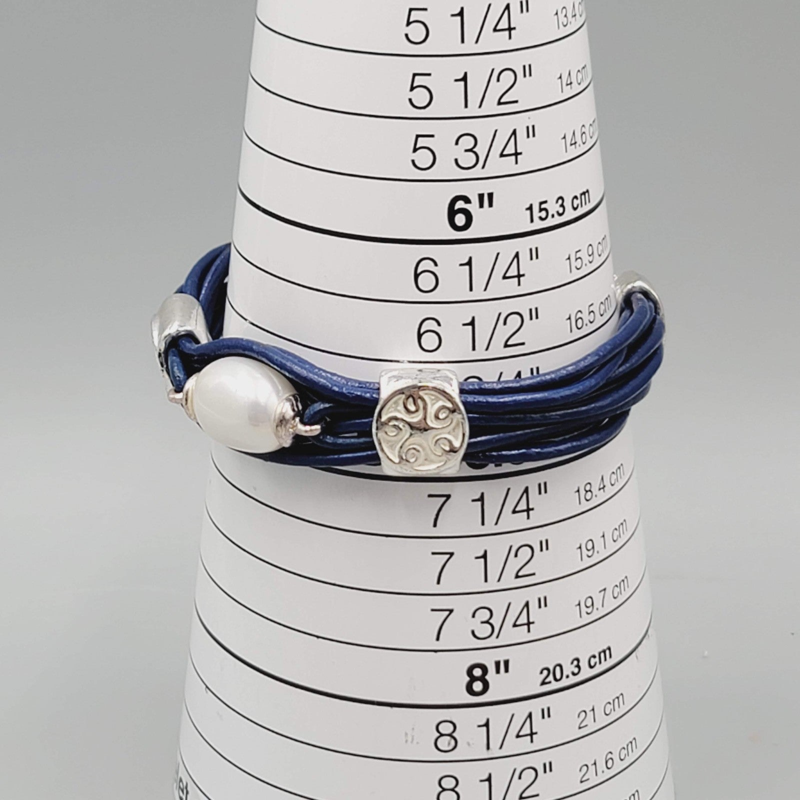 Navy Blue Cord Bracelet Imitation Pearl Silver tone 7"