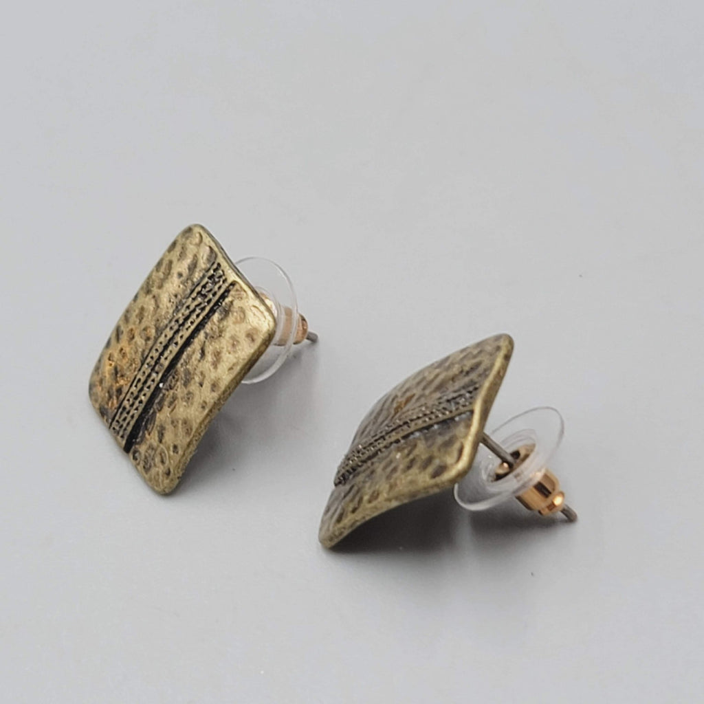 Bronze tone Hammered Metal Drop Pierced Earrings Rectangle 3/4"