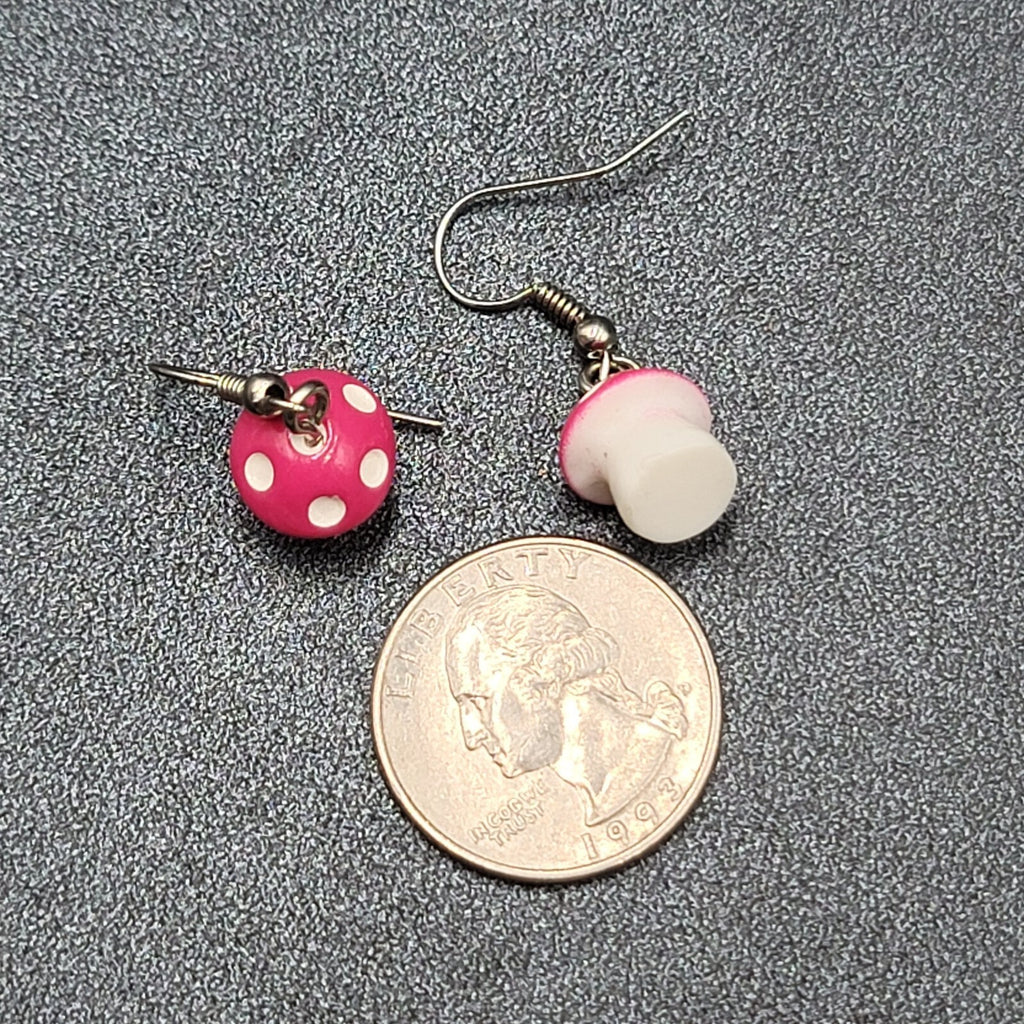 Pink Mushroom Pierced Earrings White Polka Dots Dangle 5/8"