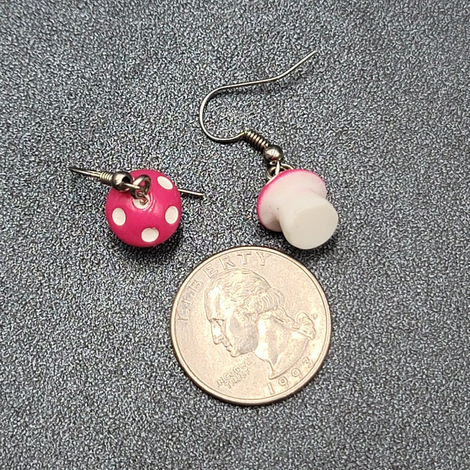Pink Mushroom Pierced Earrings White Polka Dots Dangle 5/8"