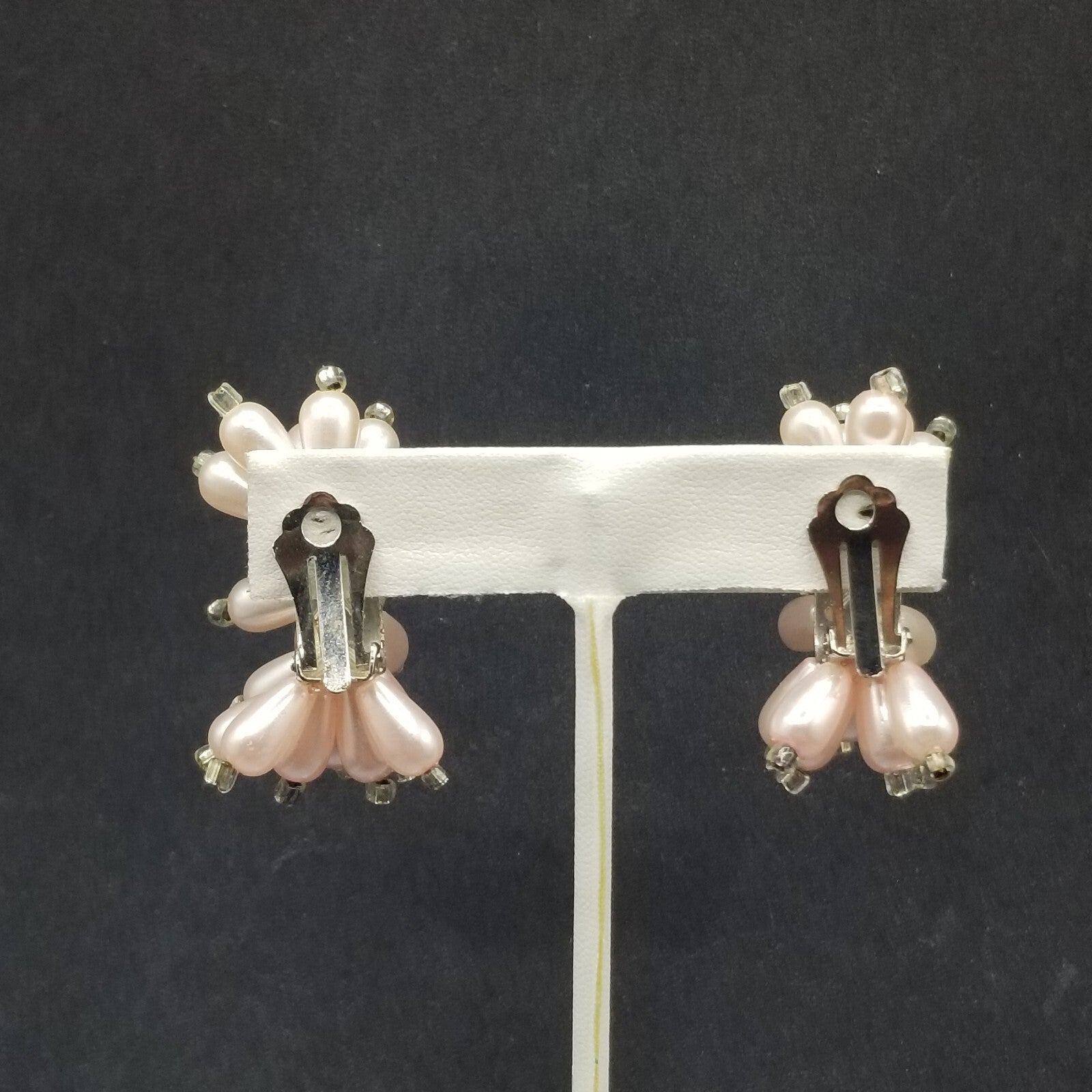 Vintage Clip on Earrings Pink Bead Large Statement Half Hoop Drop 1 1/2"