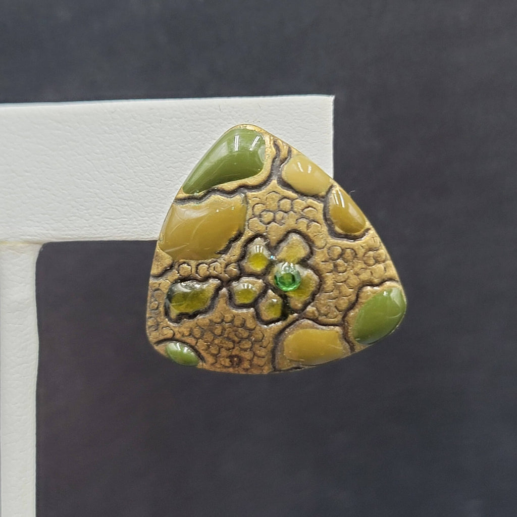 Pierced Earrings Bronze tone Green Rhinestone Enamel Triangle 1"