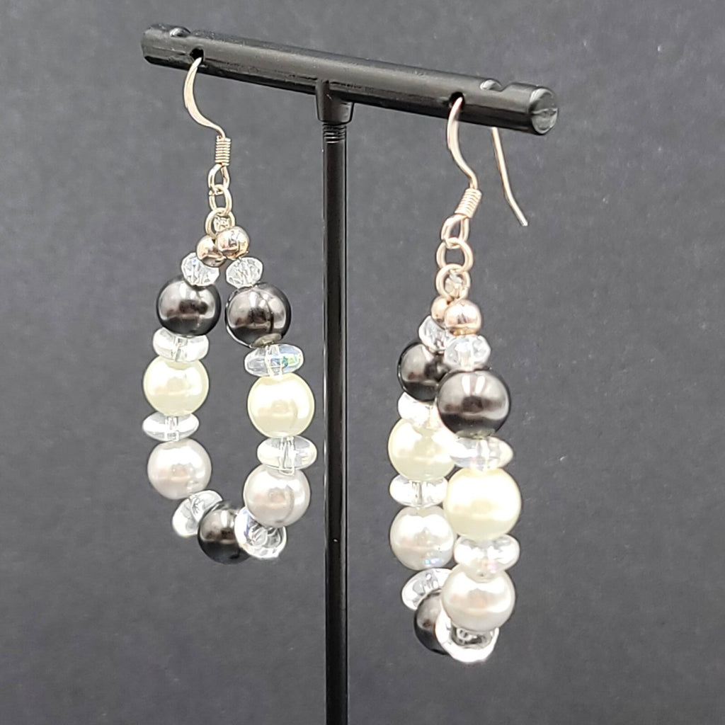 Pierced Earrings Black White Clear Beads Dangle Hoops Silver tone  1.75"