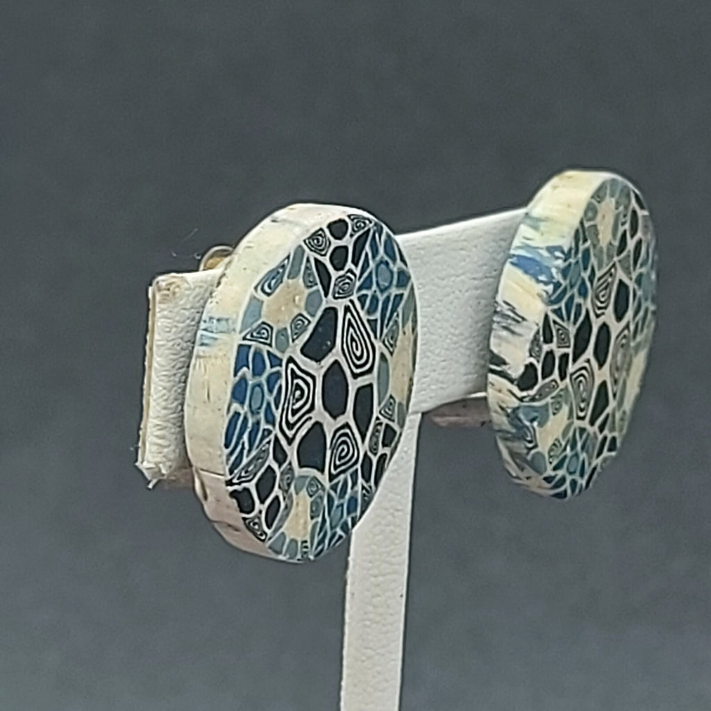 Vintage Clip on Earrings Blue Polymer Clay Disc Button Style 1"