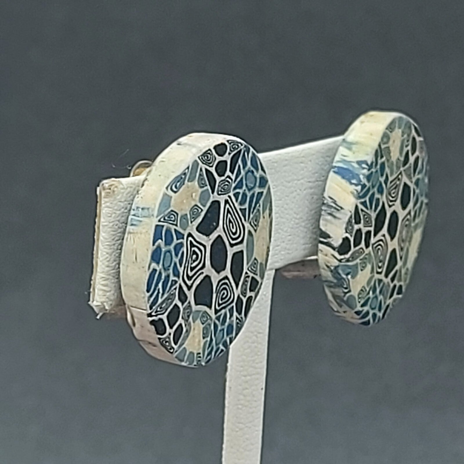 Vintage Clip on Earrings Blue Polymer Clay Disc Button Style 1"