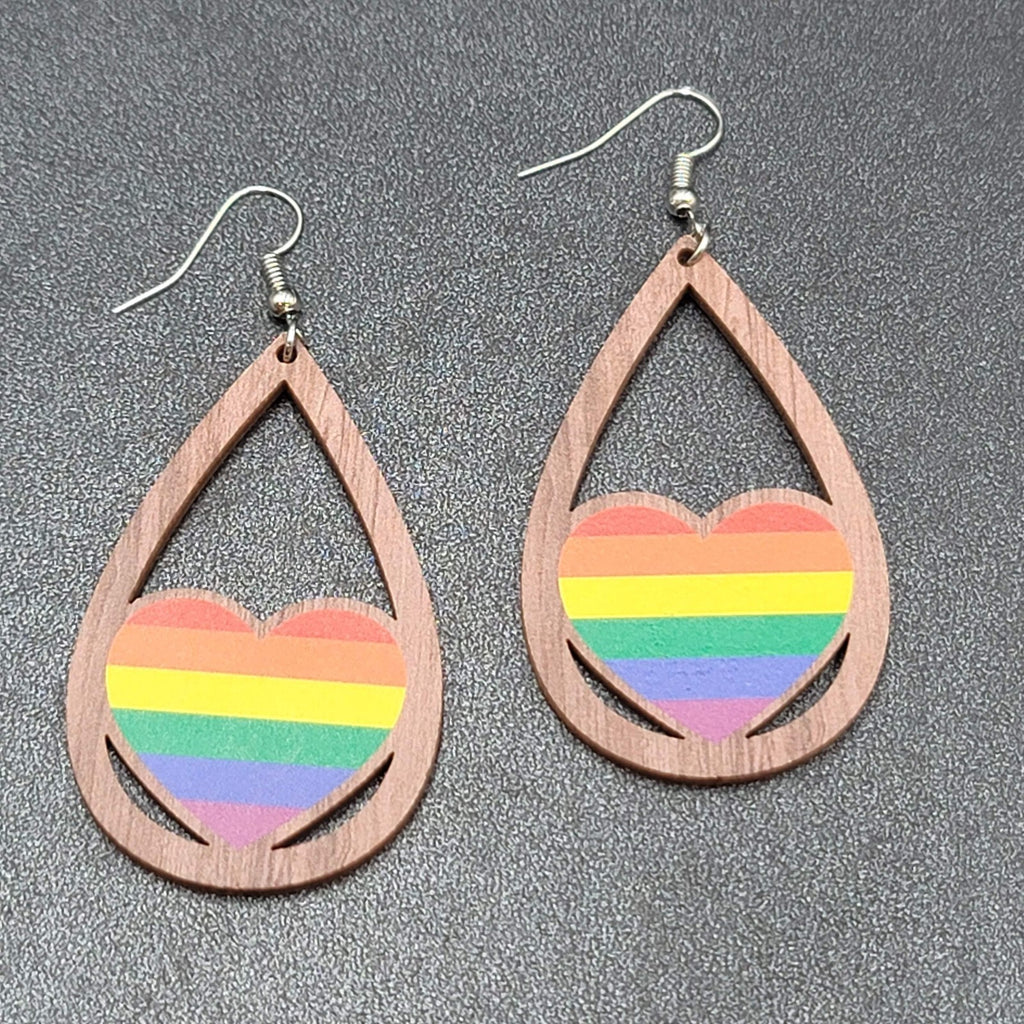New PRIDE HEART Pierced Earrings Rainbow Wood Teardrop Dangle 2.25"