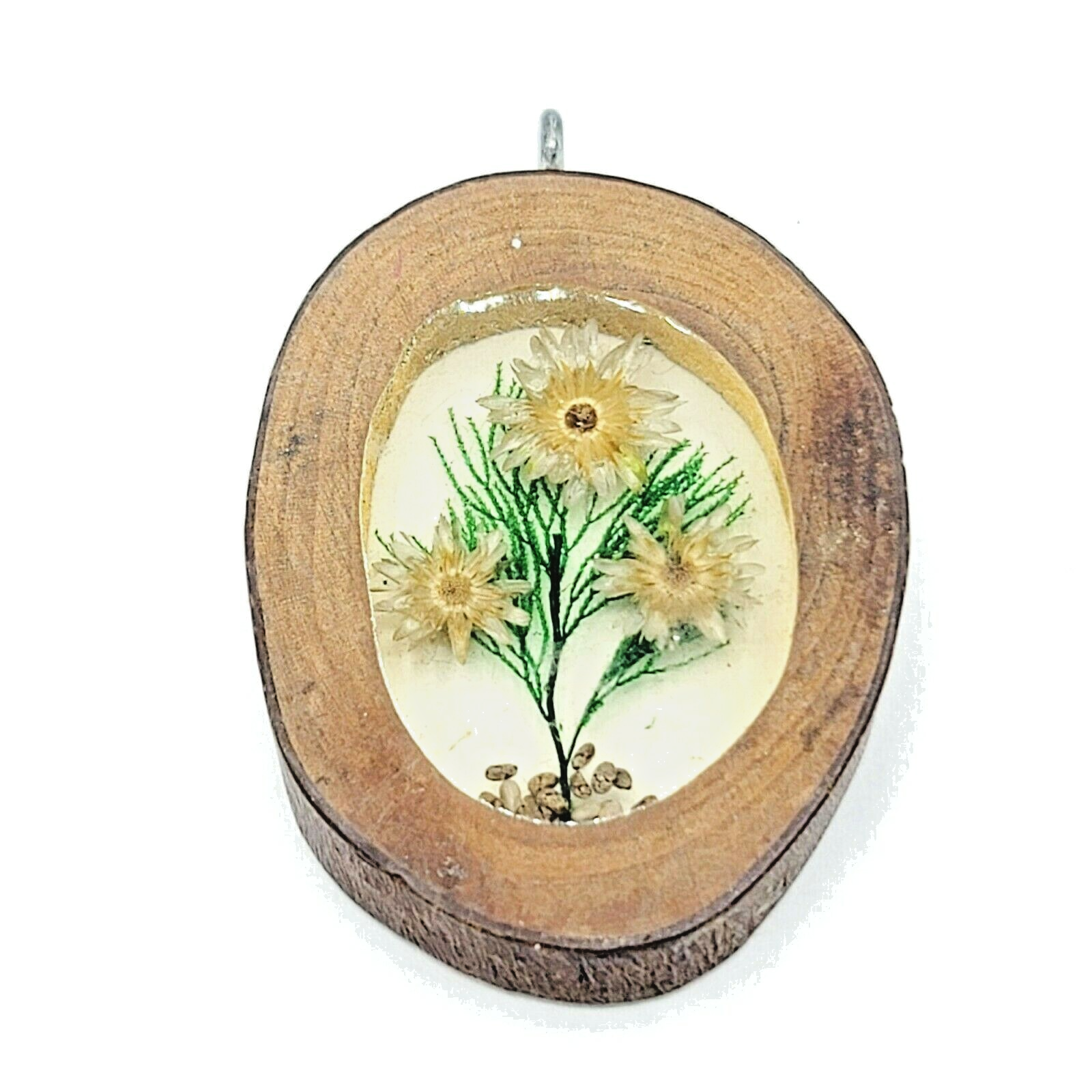 Vintage Oval Shaped Pendant Lucite Dried Flowers Wood Frame 