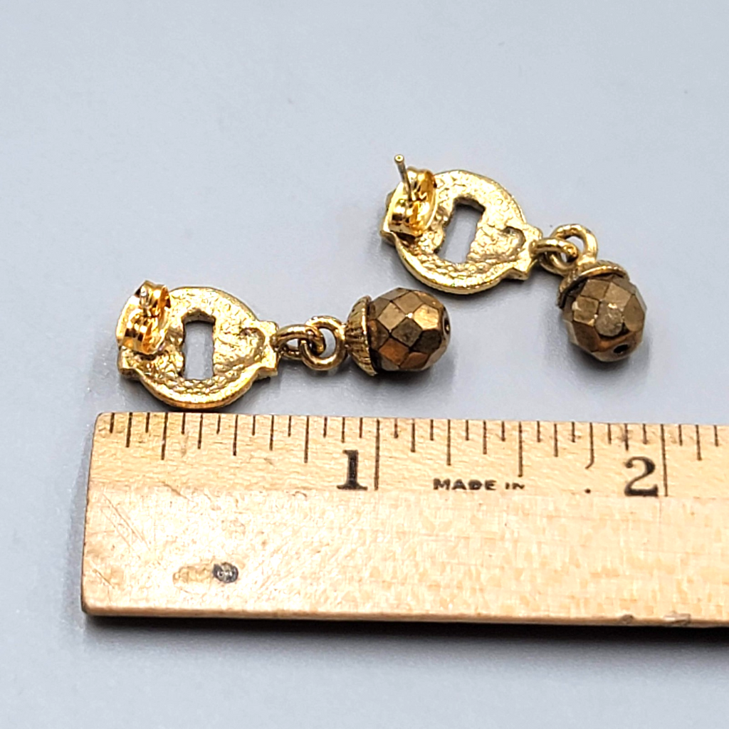 Pierced Earrings Gold tone Dangle Vintage Style Faceted Bead 1 1/8"