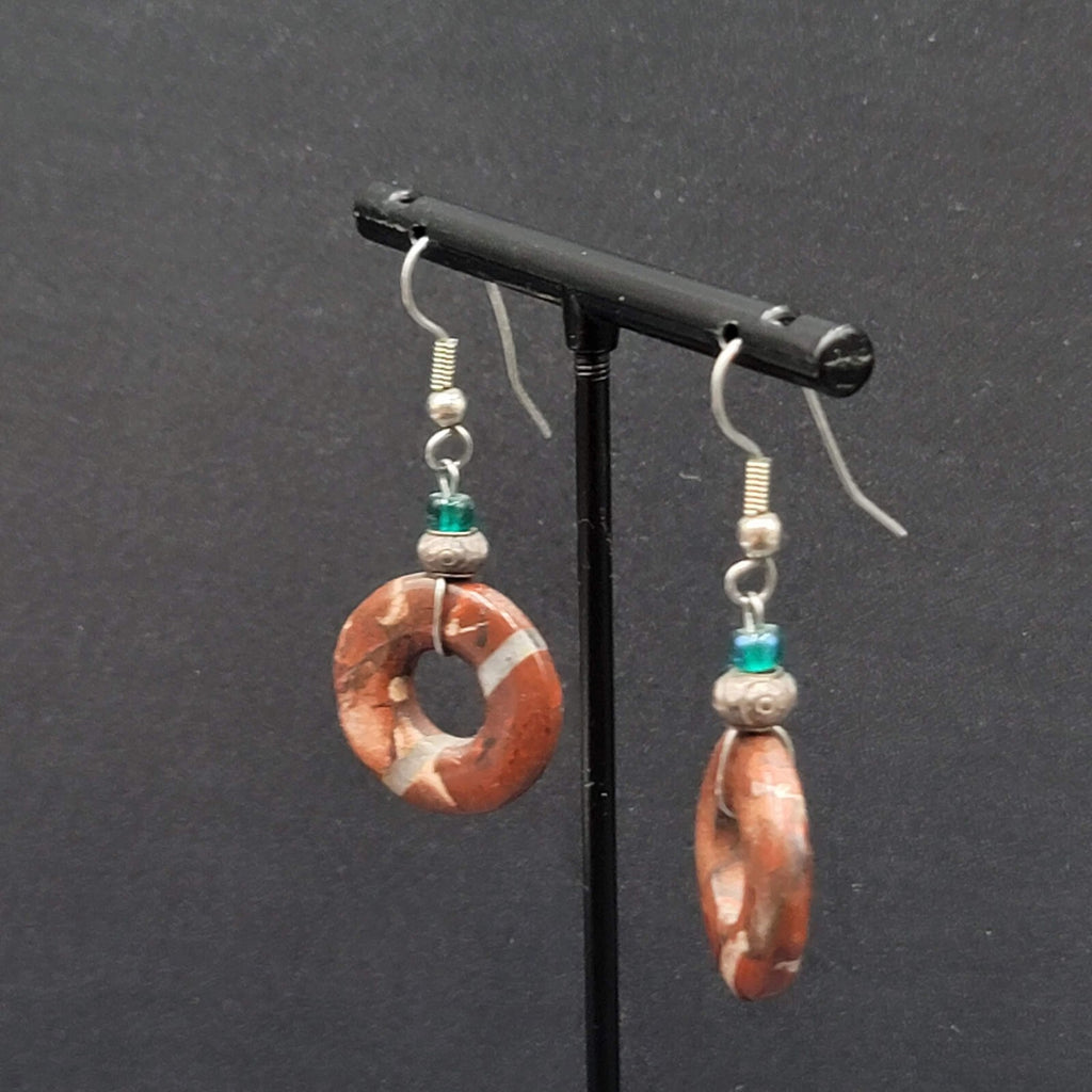 Pierced Earrings Red Agate Circle Bead Dangle Silver tone 1 1/8"