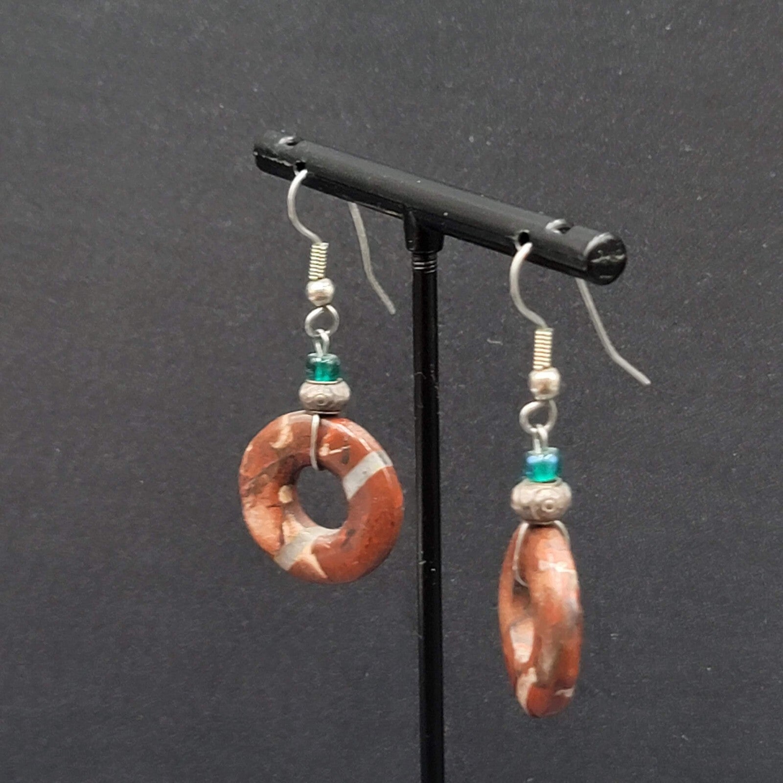 Pierced Earrings Red Agate Circle Bead Dangle Silver tone 1 1/8"
