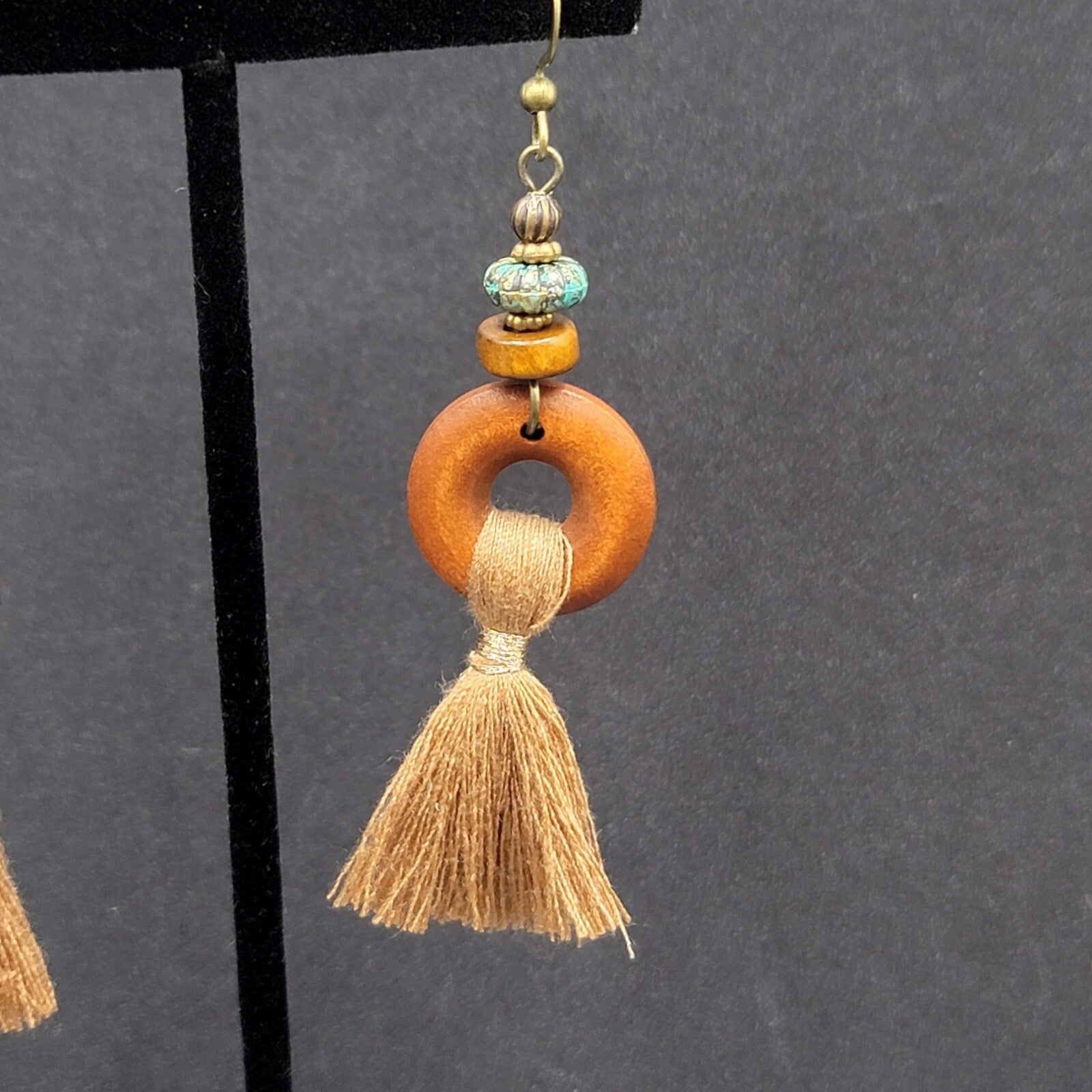 New Boho Pierced Earrings Bronze tone Wood Ring Tassel Dangle 2.25"