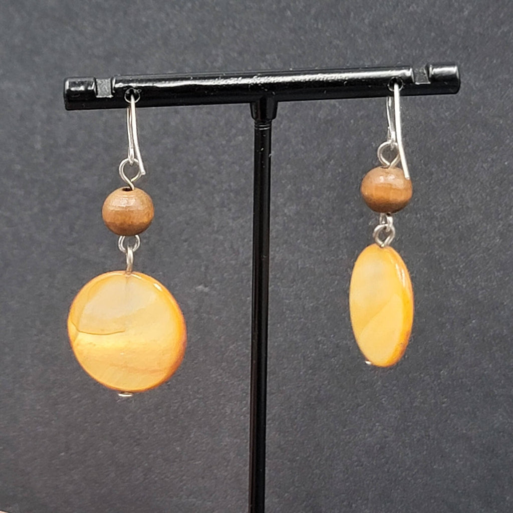 Pierced Earrings Silver tone Wood Bead Brown Round Shell Dangle 1.5"