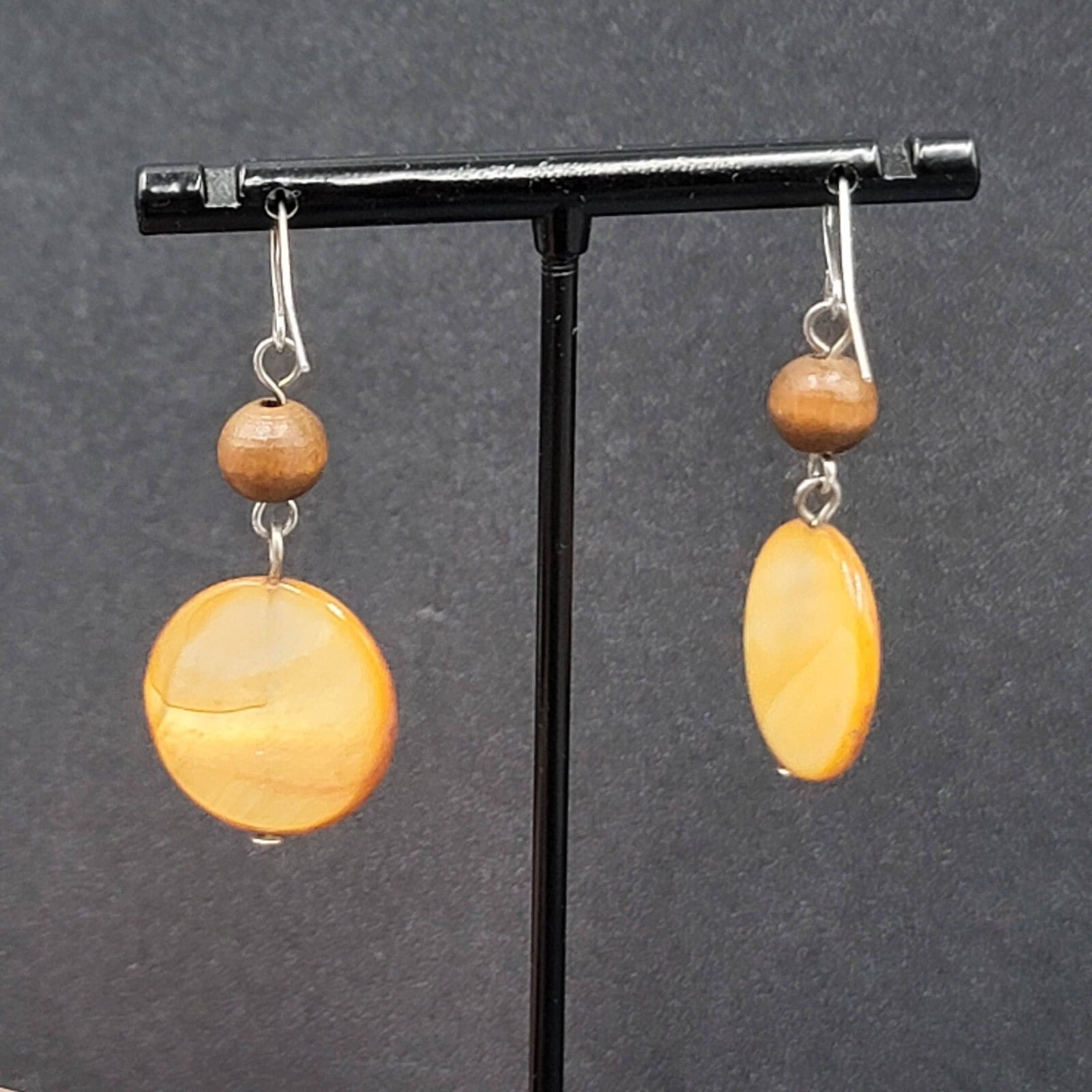 Pierced Earrings Silver tone Wood Bead Brown Round Shell Dangle 1.5"