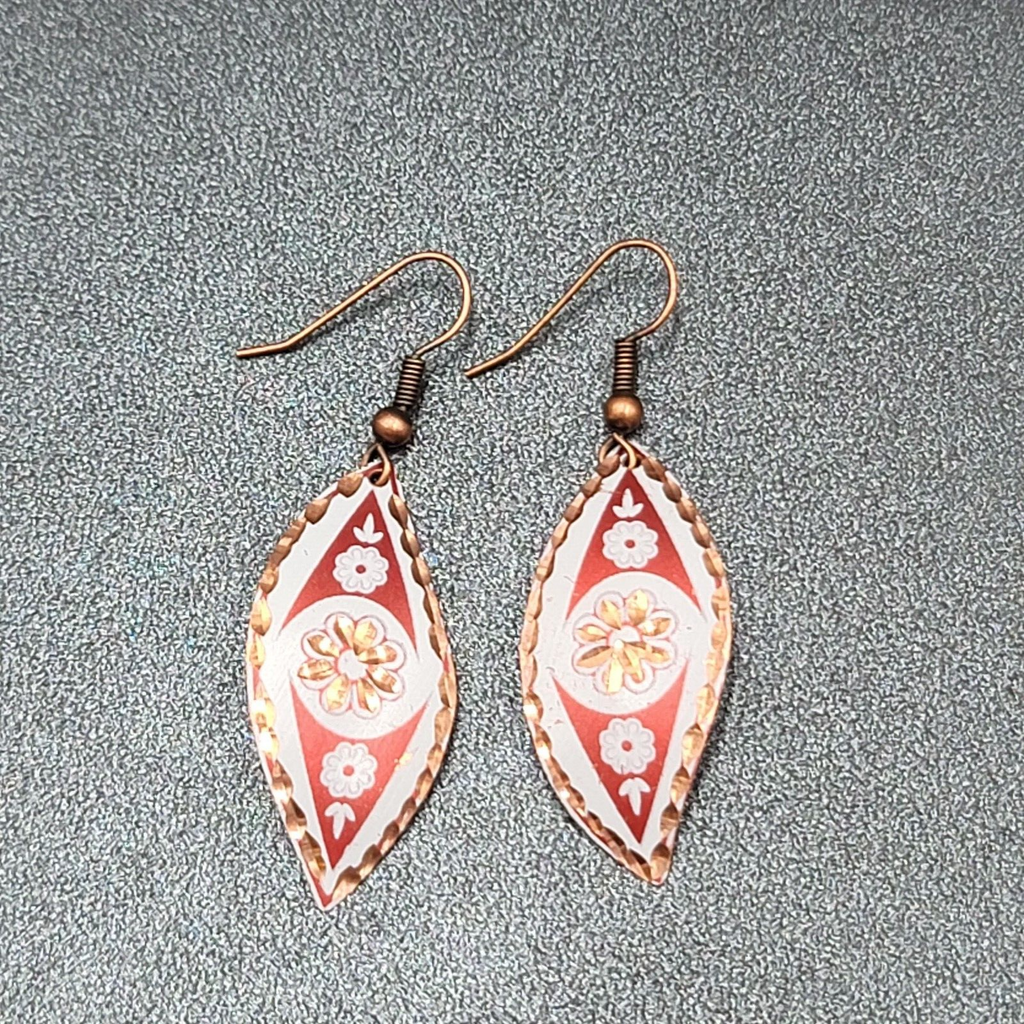 Pierced Earrings Copper Laser Cut Red White Design Dangle 1.5"