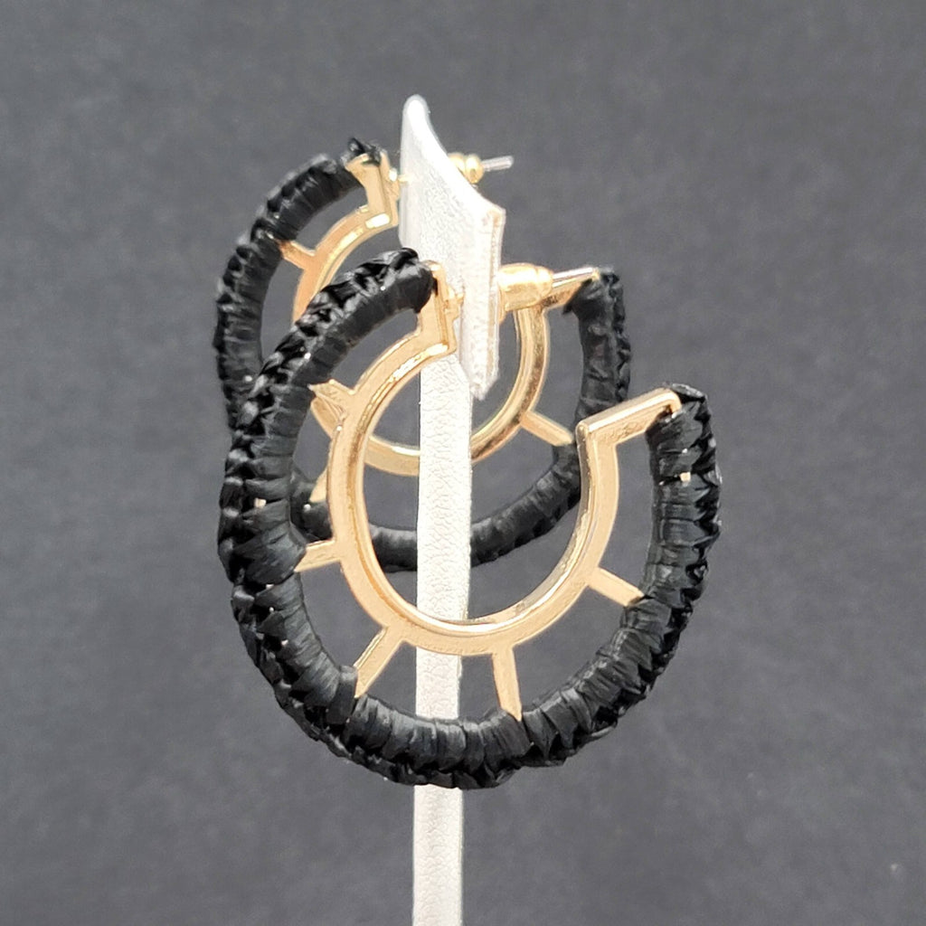 Pierced Earrings Gold tone Black String Wrapped Drop Hoops 1 5/8"