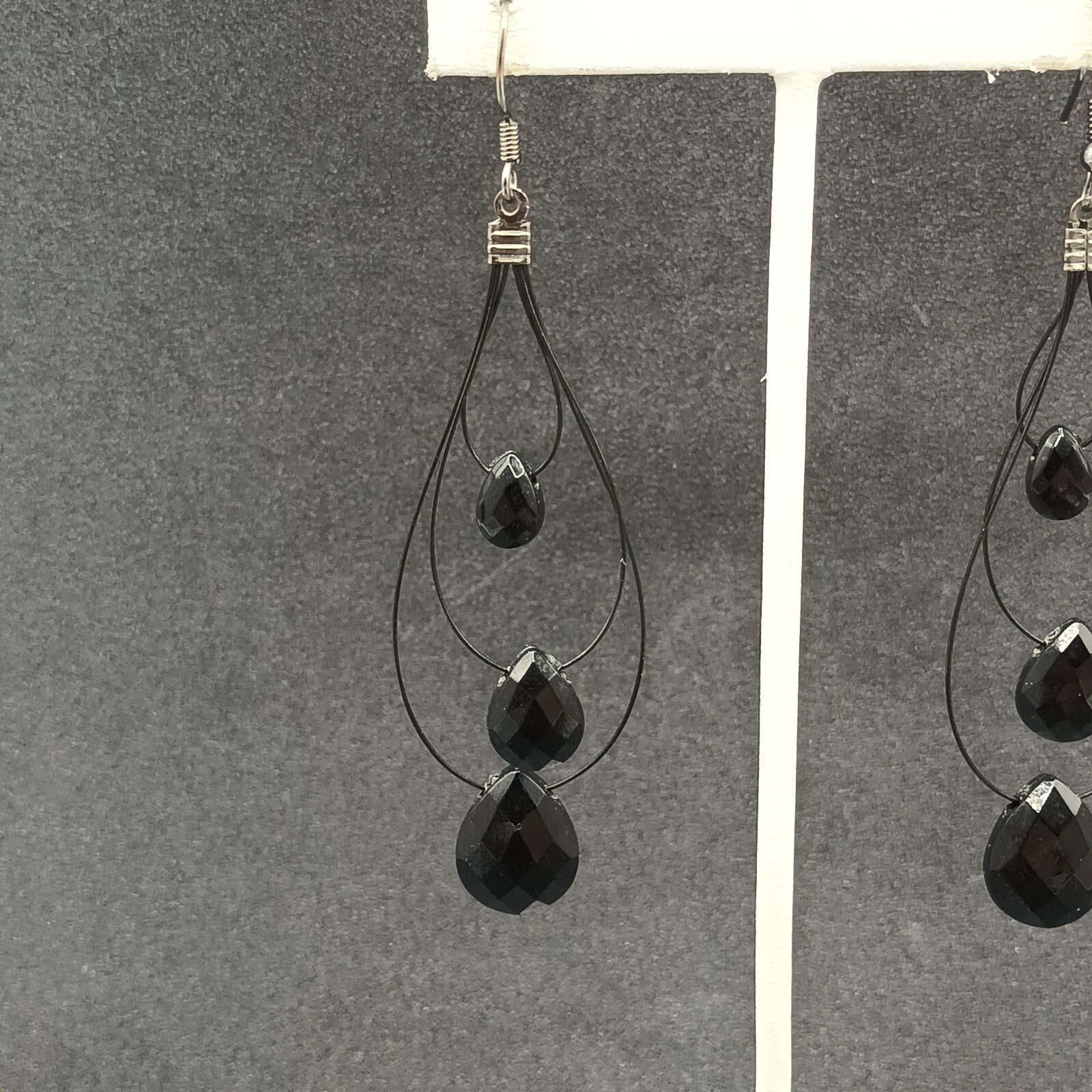 Pierced Earrings Black Plastic Loop Faceted Acrylic Teardrop Bead Dangle 2 3/4"