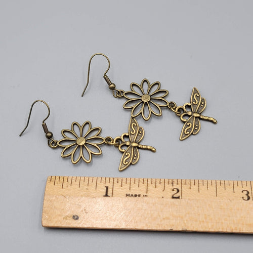 Dragonfly Flower Pierced Earrings Bronze tone Dangle NEW 1 5/8"