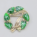 Vintage Molded Green Leaf Wreath Brooch AB Rhinestones Gold tone 1.75 in