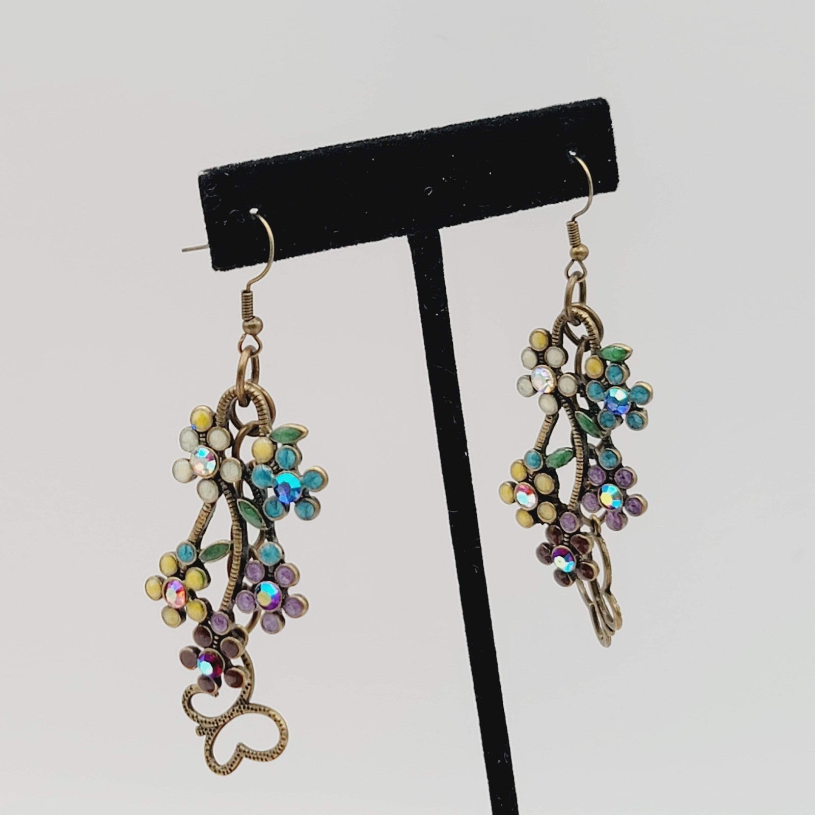 Multicolor Crystal Flowers Butterfly Pierced Earrings Bronze tone Dangle 2 in