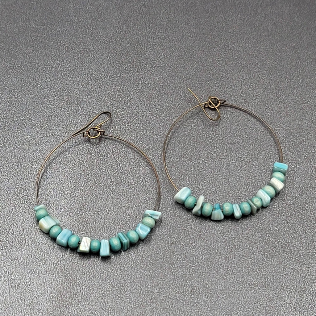 Pierced Earrings Bronze tone Blue Shell and Wood Bead Hoops  2"