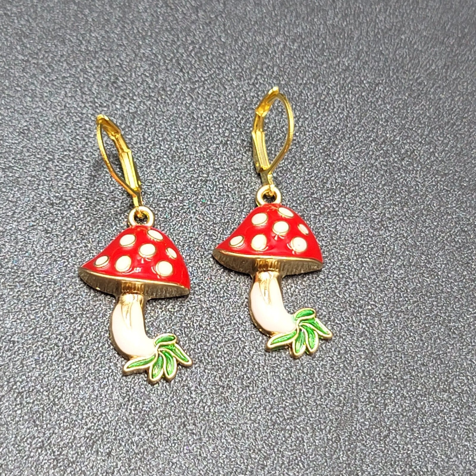 Mushroom Pierced Earrings Gold tone Enamel Red White Polka Dot Dangle 1"
