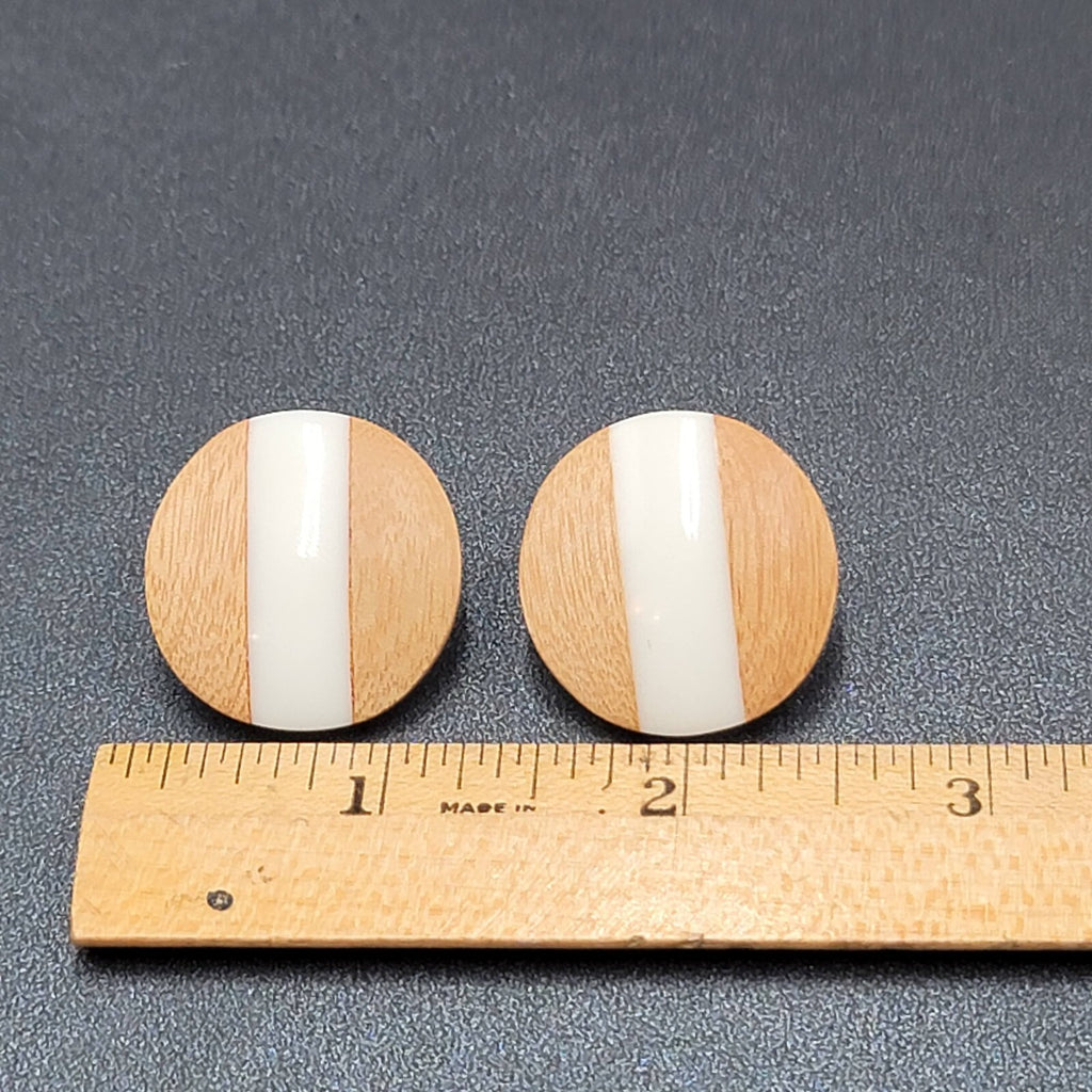 Pierced Earrings Wood White Resin Stripe Round 1 1/8"