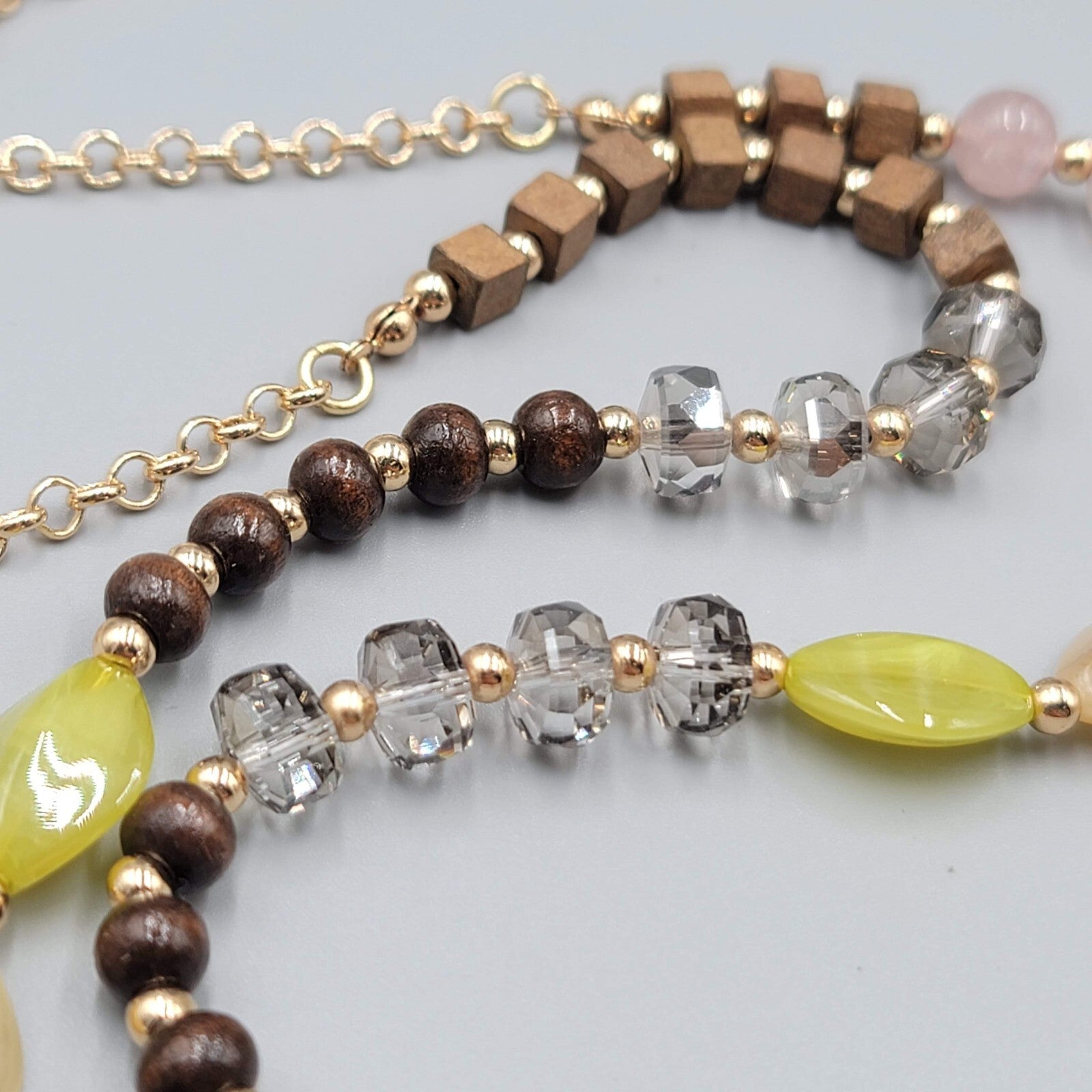 Long Stone Glass Bead Necklace Gold tone Multicolor 34-37"