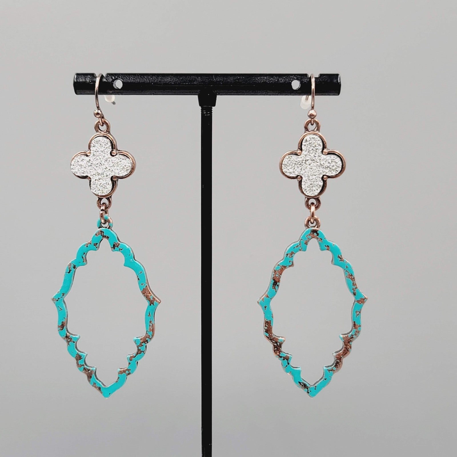 Blue Enamel Patina Dangle Pierced Earrings Silver tone Cross Copper tone 2.5"