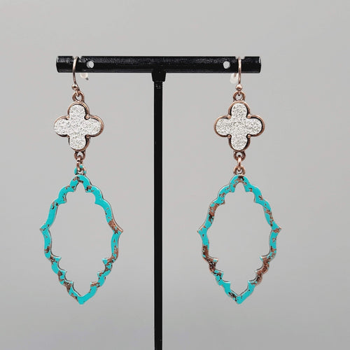 Blue Enamel Patina Dangle Pierced Earrings Silver tone Cross Copper tone 2.5"