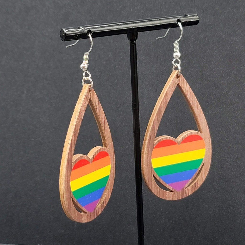 New PRIDE HEART Pierced Earrings Rainbow Wood Teardrop Dangle 2.25"