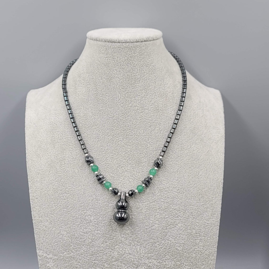 Hematite Bead Necklace Green Jade Lantern Pendant 18"