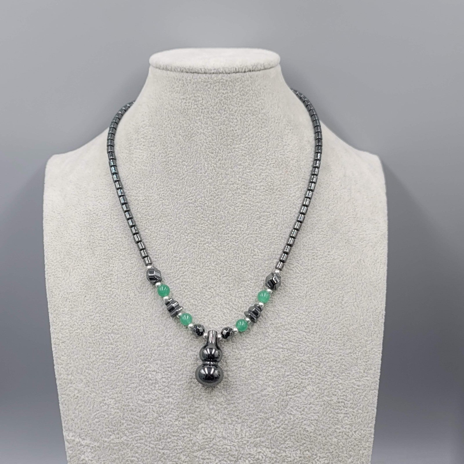 Hematite Bead Necklace Green Jade Lantern Pendant 18"