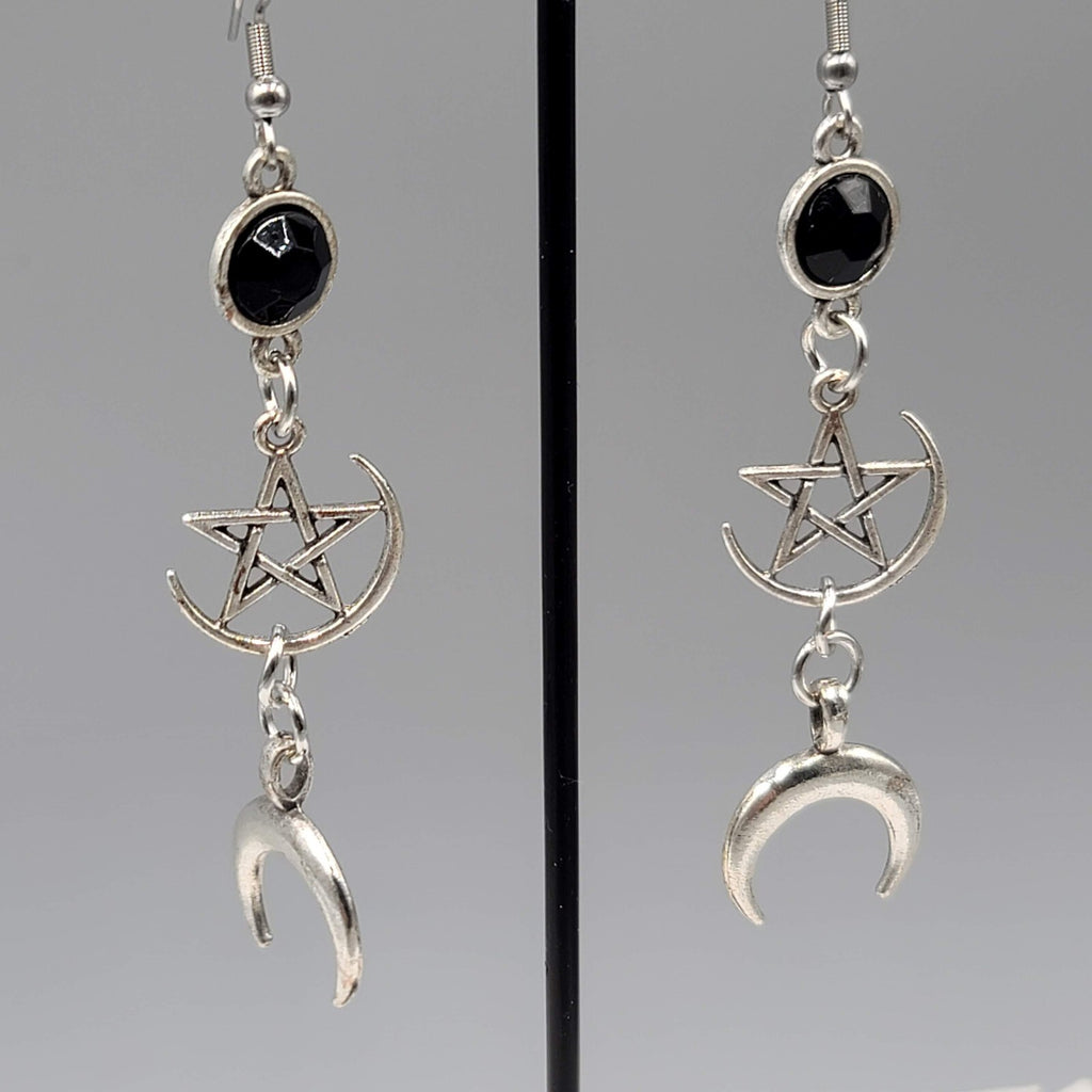 Pentagram Moon Pierced Earrings Black Accent Silver tone Long Dangle 2.5"