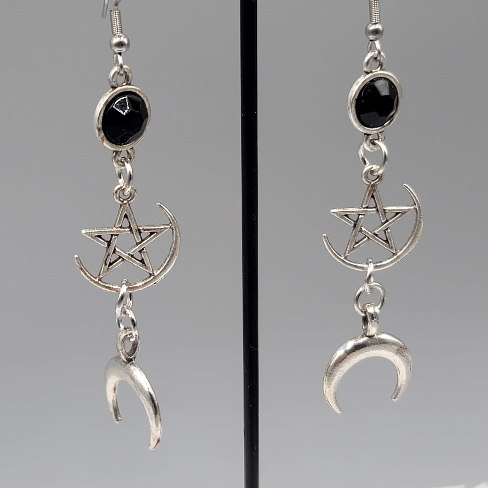 Pentagram Moon Pierced Earrings Black Accent Silver tone Long Dangle 2.5"