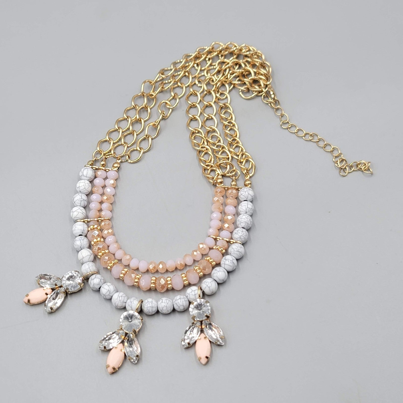 Statement Bib Necklace Gold tone Rhinestone Multi color Bead 16"-18"