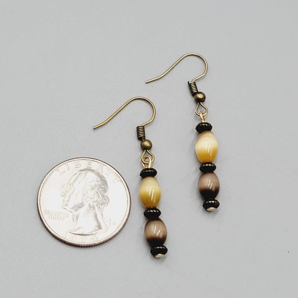 Cats Eye Brown Bead Pierced Earrings Bronze tone Dangle 1"