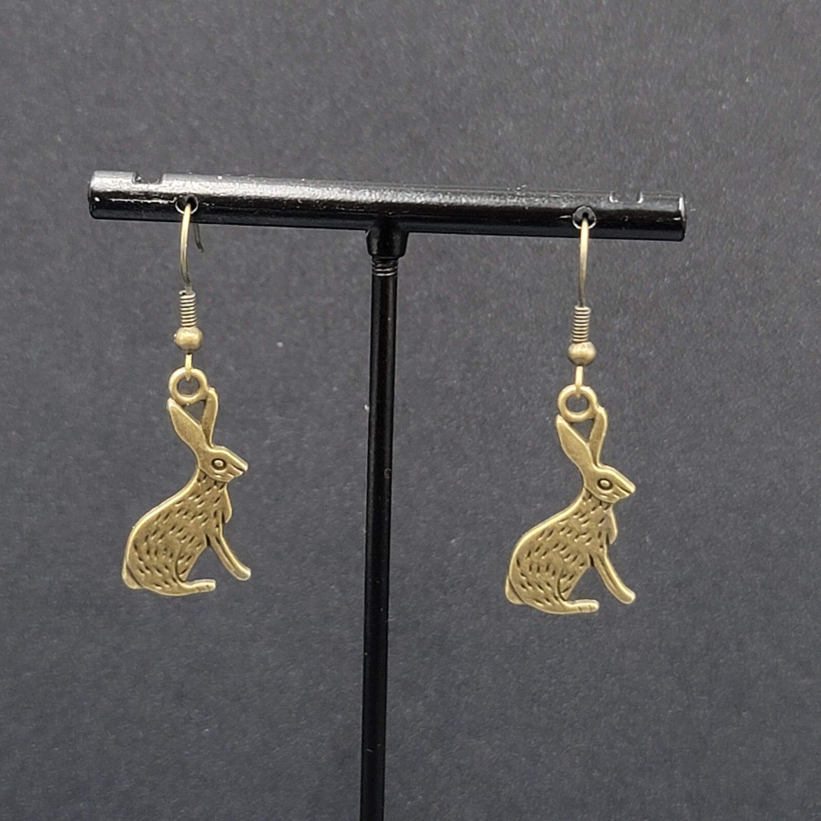 New BUNNY RABBIT Pierced Earrings Bronze tone Dangle Embossed 1"