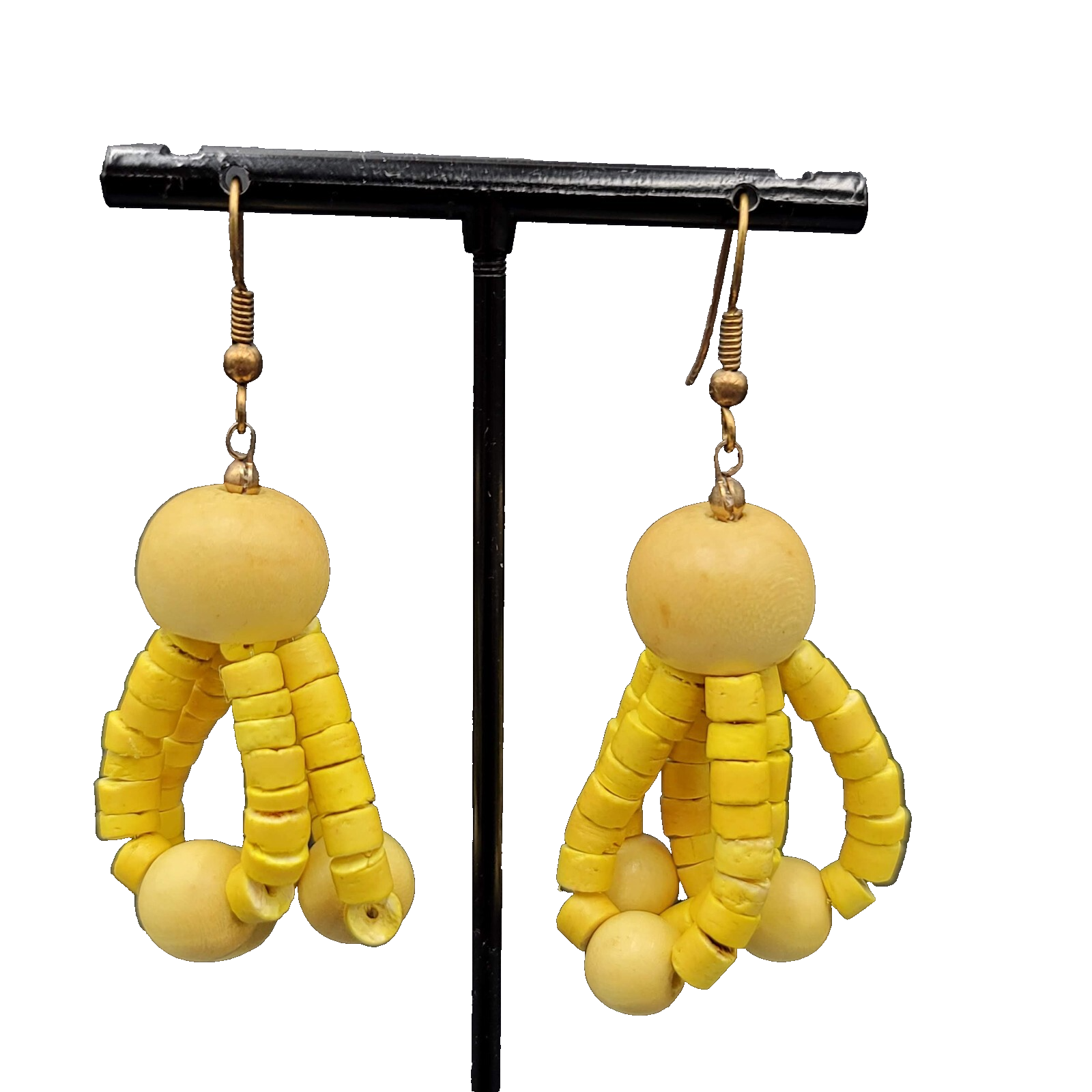 Vintage Pierced Earrings Wood Yellow Bead Dangle 1.75"